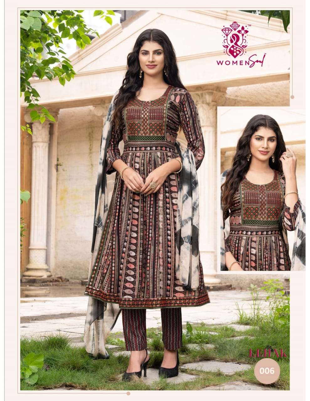 WOMAN SOUL PRESENTS LEHAK VOL-1 DESIGNER FOIL PRINTED NAYRA CUT KURTIS CATALOG WHOLESALER AND EXPORTER 