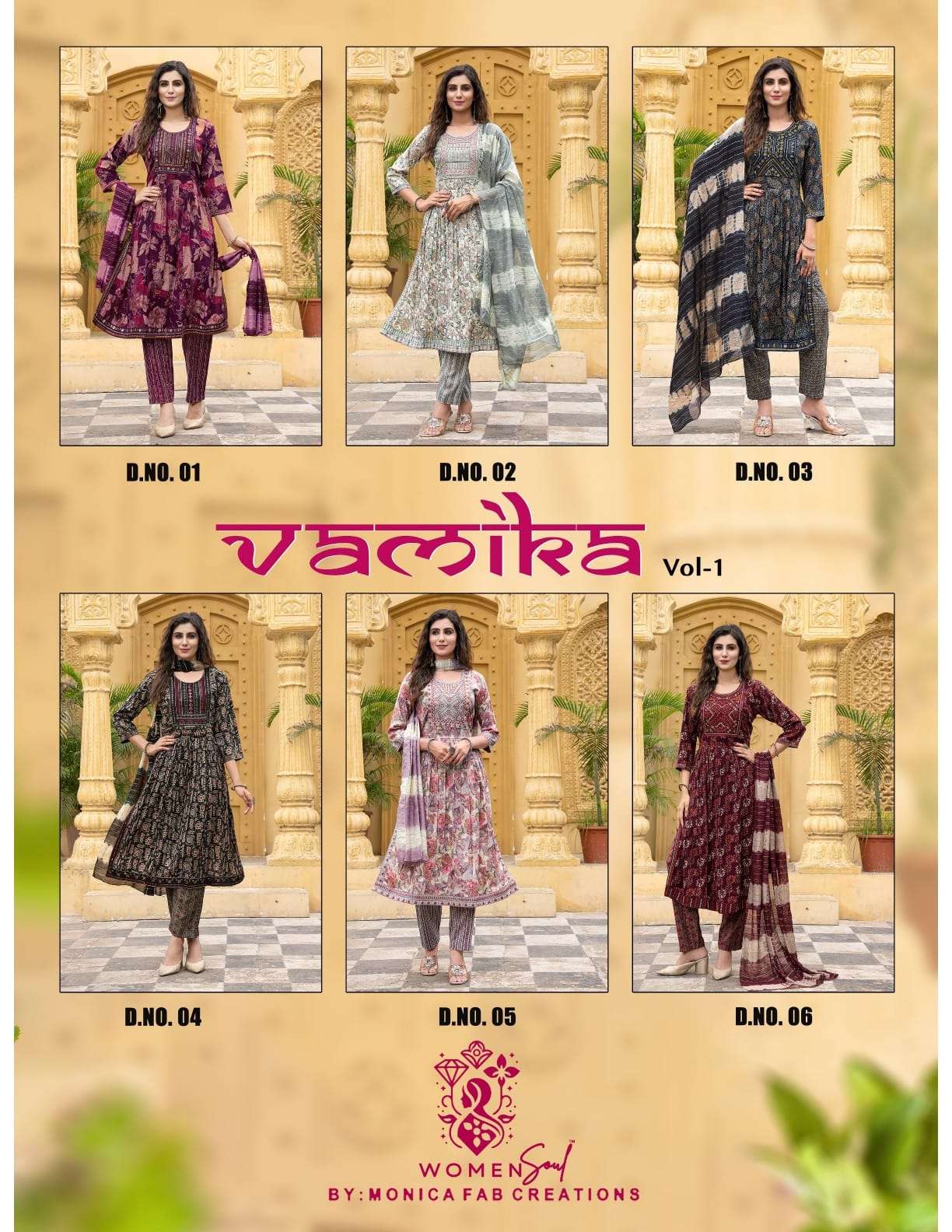WOMAN SOUL PRESENTS VAMIKA VOL-1 DESIGNER FOIL PRINTED NAYRA CUT KURTIS CATALOG WHOLESALER AND EXPORTER 