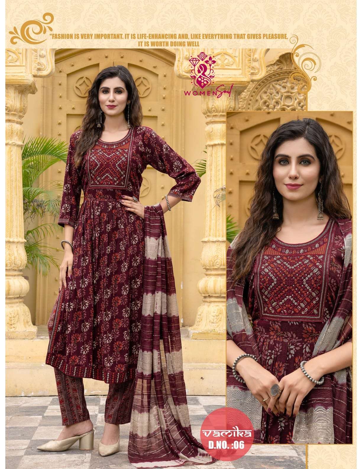 WOMAN SOUL PRESENTS VAMIKA VOL-1 DESIGNER FOIL PRINTED NAYRA CUT KURTIS CATALOG WHOLESALER AND EXPORTER 