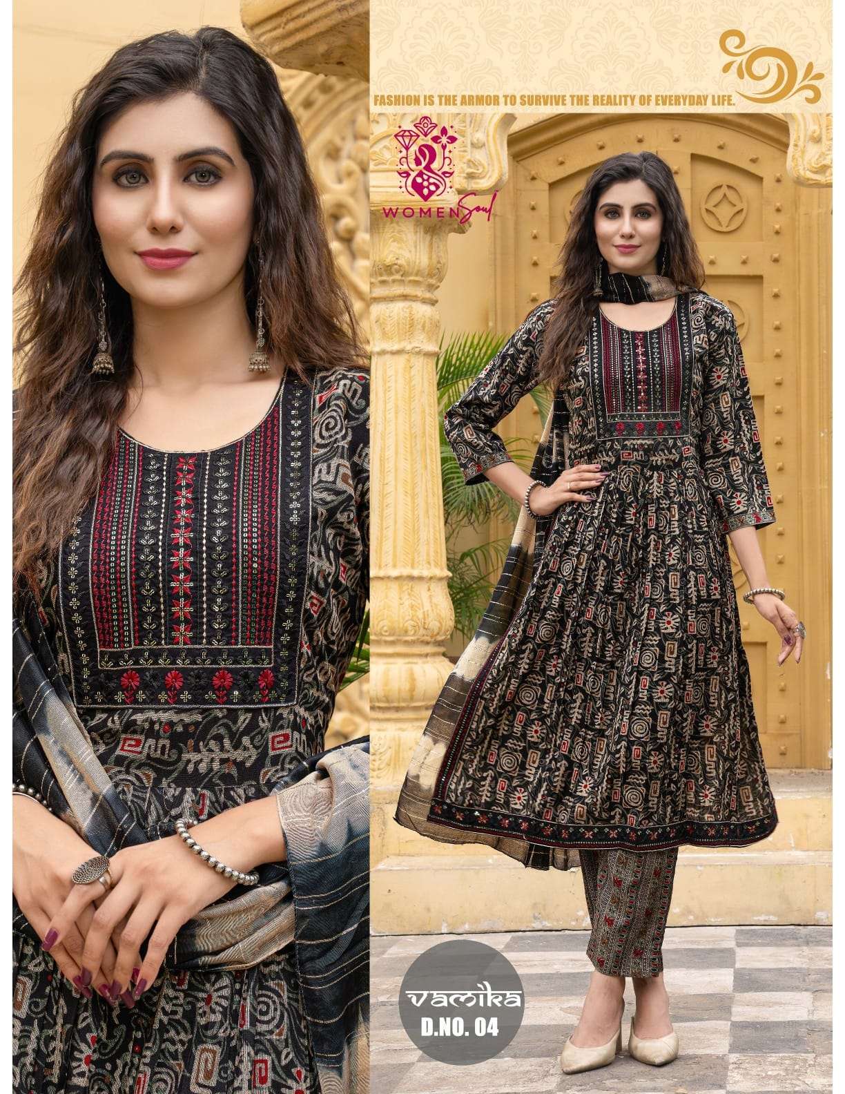 WOMAN SOUL PRESENTS VAMIKA VOL-1 DESIGNER FOIL PRINTED NAYRA CUT KURTIS CATALOG WHOLESALER AND EXPORTER 