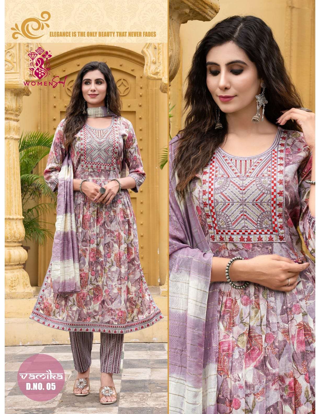 WOMAN SOUL PRESENTS VAMIKA VOL-1 DESIGNER FOIL PRINTED NAYRA CUT KURTIS CATALOG WHOLESALER AND EXPORTER 