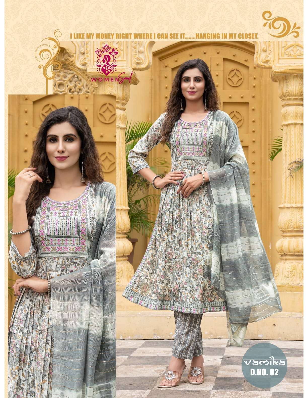 WOMAN SOUL PRESENTS VAMIKA VOL-1 DESIGNER FOIL PRINTED NAYRA CUT KURTIS CATALOG WHOLESALER AND EXPORTER 