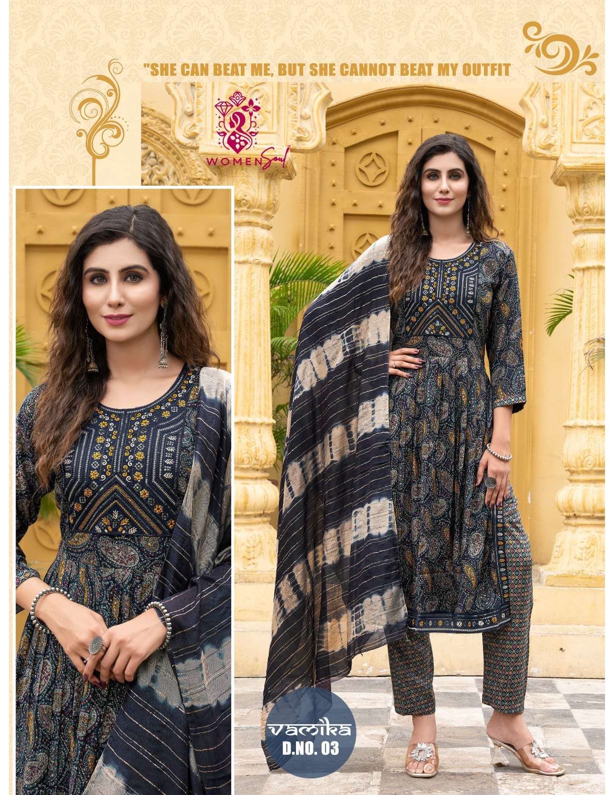 WOMAN SOUL PRESENTS VAMIKA VOL-1 DESIGNER FOIL PRINTED NAYRA CUT KURTIS CATALOG WHOLESALER AND EXPORTER 