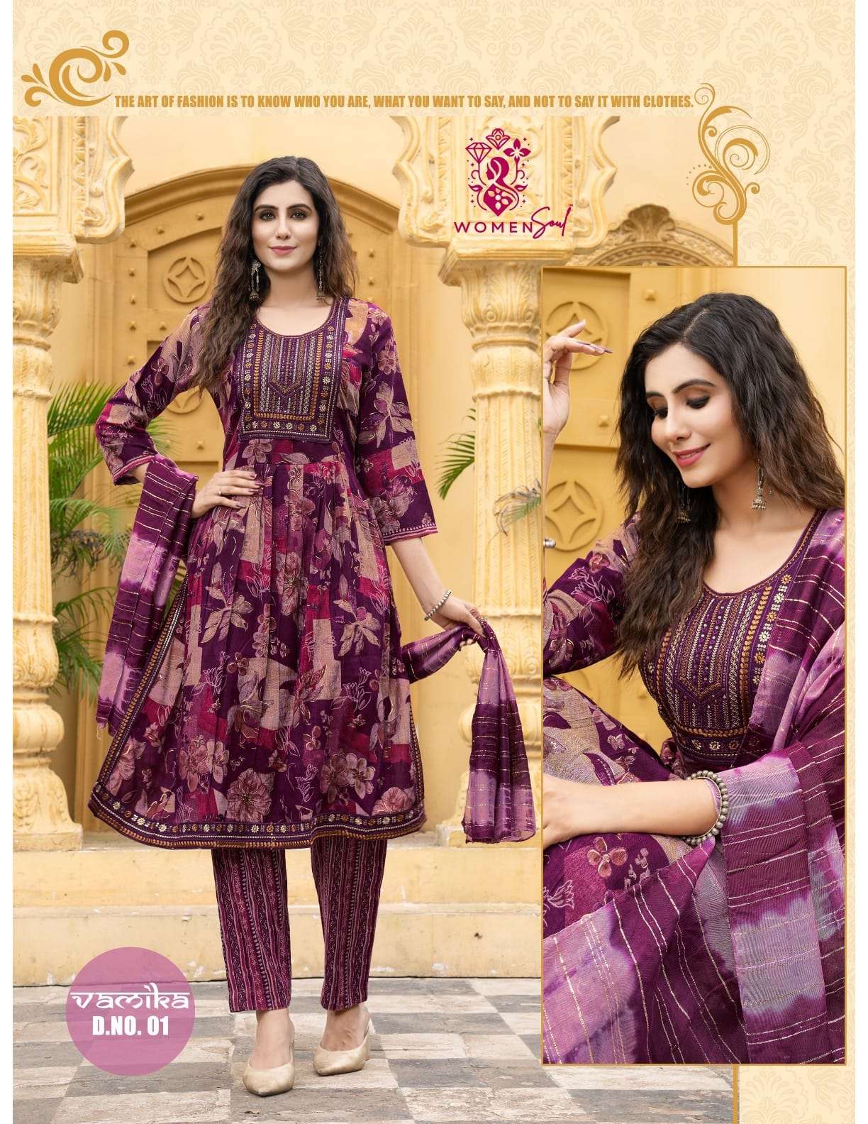 WOMAN SOUL PRESENTS VAMIKA VOL-1 DESIGNER FOIL PRINTED NAYRA CUT KURTIS CATALOG WHOLESALER AND EXPORTER 