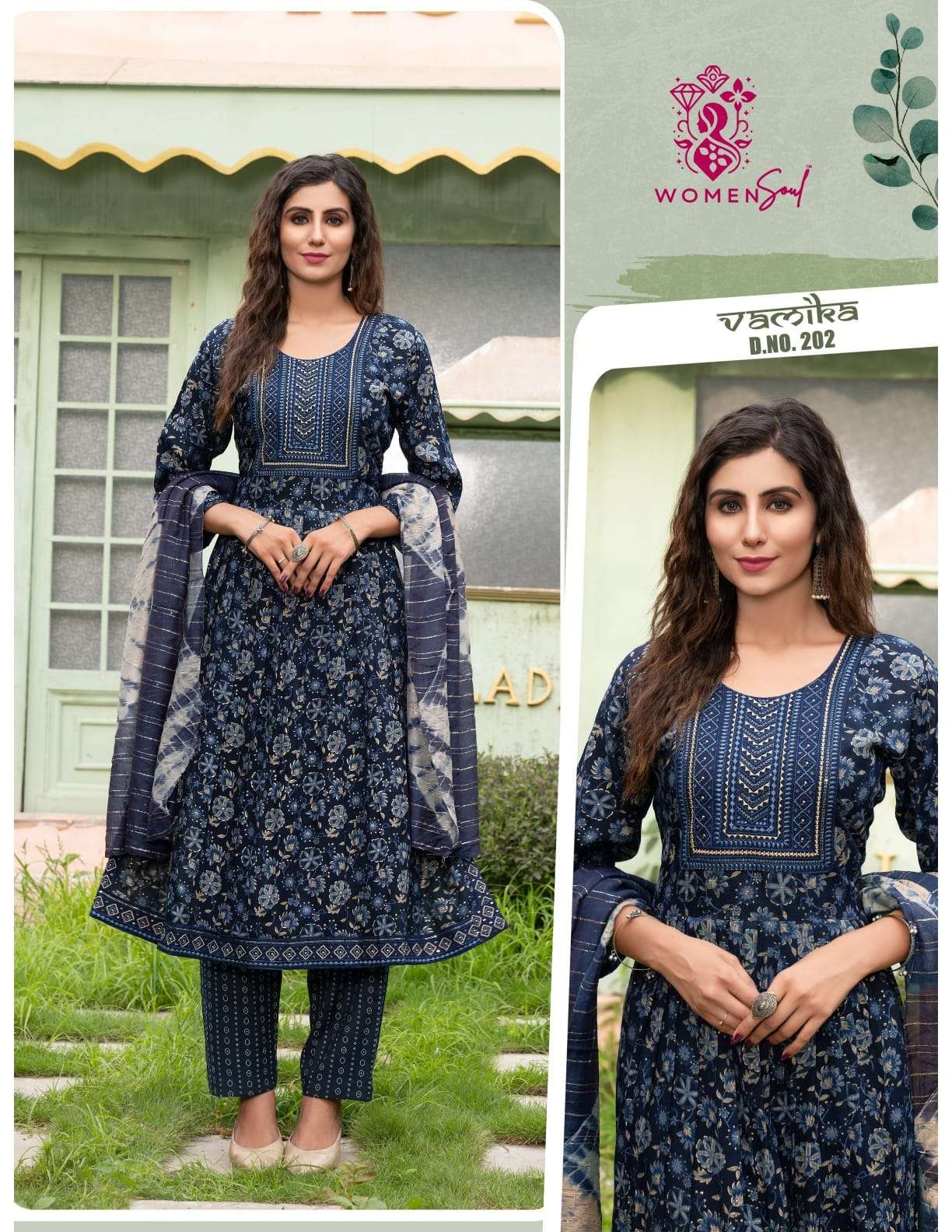 WOMAN SOUL PRESENTS VAMIKA VOL-2 DESIGNER NAYRA CUT KURTIS BOTTOM DUPATTA CATALOG WHOLESALER AND EXPORTER 