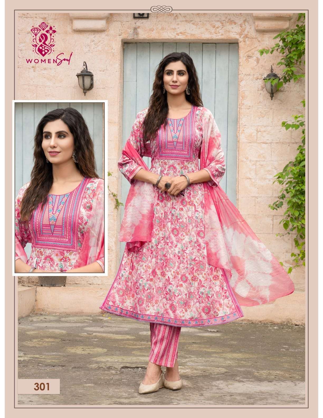 WOMAN SOUL PRESENTS VAMIKA VOL-3 DESIGNER NAYRA CUT KURTIS BOTTOM DUPATTA CATALOG WHOLESALER AND EXPORTER 