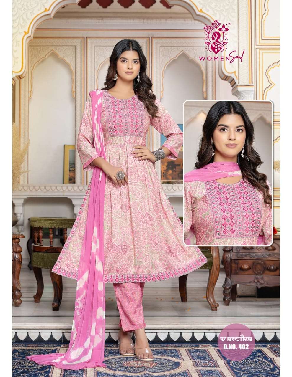 WOMAN SOUL PRESENTS VAMIKA VOL-4 DESIGNER NAYRA CUT KURTIS BOTTOM DUPATTA CATALOG WHOLESALER AND EXPORTER 