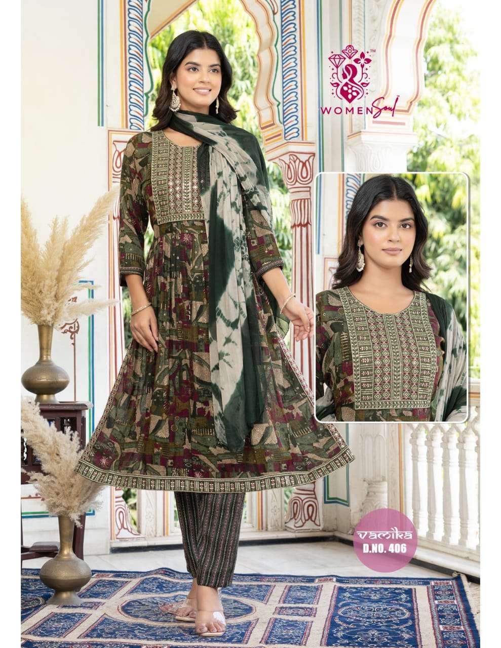 WOMAN SOUL PRESENTS VAMIKA VOL-4 DESIGNER NAYRA CUT KURTIS BOTTOM DUPATTA CATALOG WHOLESALER AND EXPORTER 