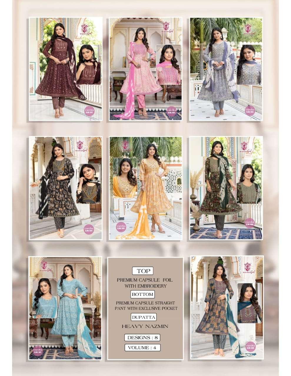 WOMAN SOUL PRESENTS VAMIKA VOL-4 DESIGNER NAYRA CUT KURTIS BOTTOM DUPATTA CATALOG WHOLESALER AND EXPORTER 