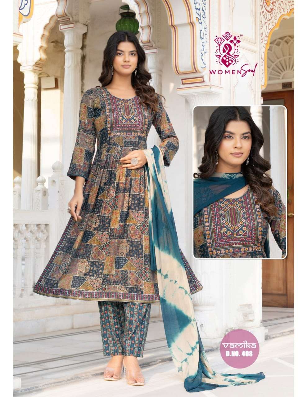 WOMAN SOUL PRESENTS VAMIKA VOL-4 DESIGNER NAYRA CUT KURTIS BOTTOM DUPATTA CATALOG WHOLESALER AND EXPORTER 