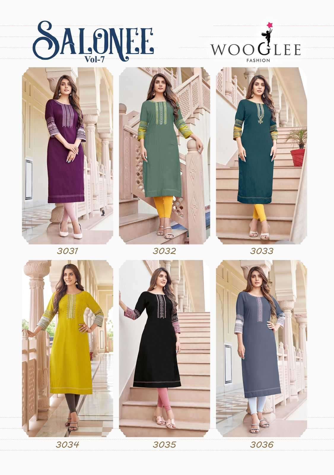 WOOGLEE PRESENTS SALONEE VOL-7 THREAD WORK READYMADE RAYON KURTI CATALOG WHOLESALER 