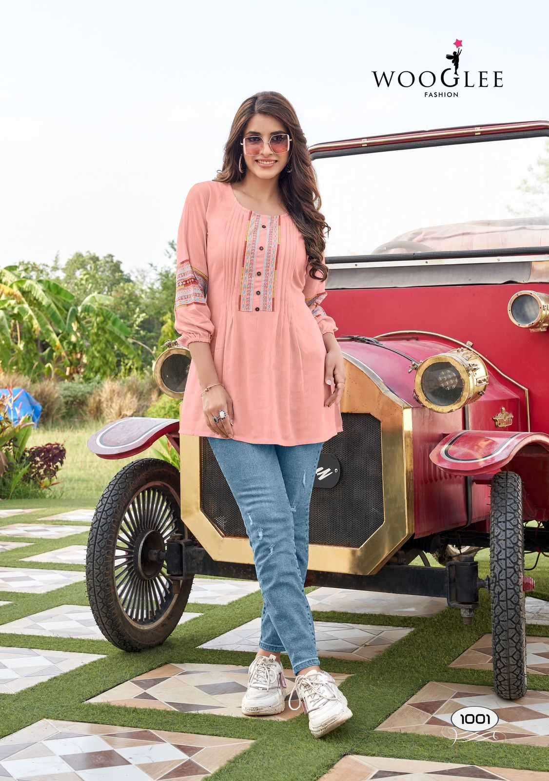WOOGLEE PRESENTS ZOYA EMBROIDERY WORK RAYON WRINKLE READYMADE KURTI CATALOG WHOLESALER AND EXPORTER 