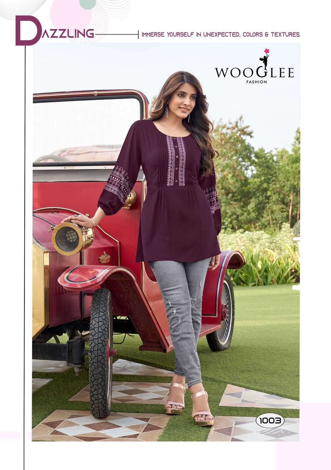 WOOGLEE PRESENTS ZOYA EMBROIDERY WORK RAYON WRINKLE READYMADE KURTI CATALOG WHOLESALER AND EXPORTER 