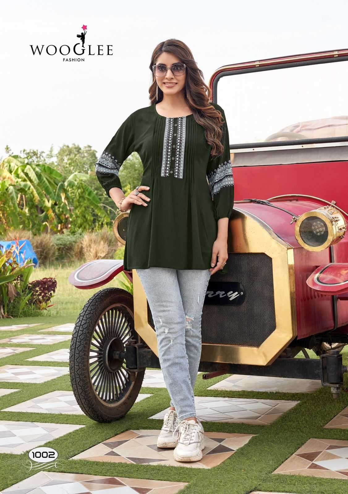 WOOGLEE PRESENTS ZOYA EMBROIDERY WORK RAYON WRINKLE READYMADE KURTI CATALOG WHOLESALER AND EXPORTER 