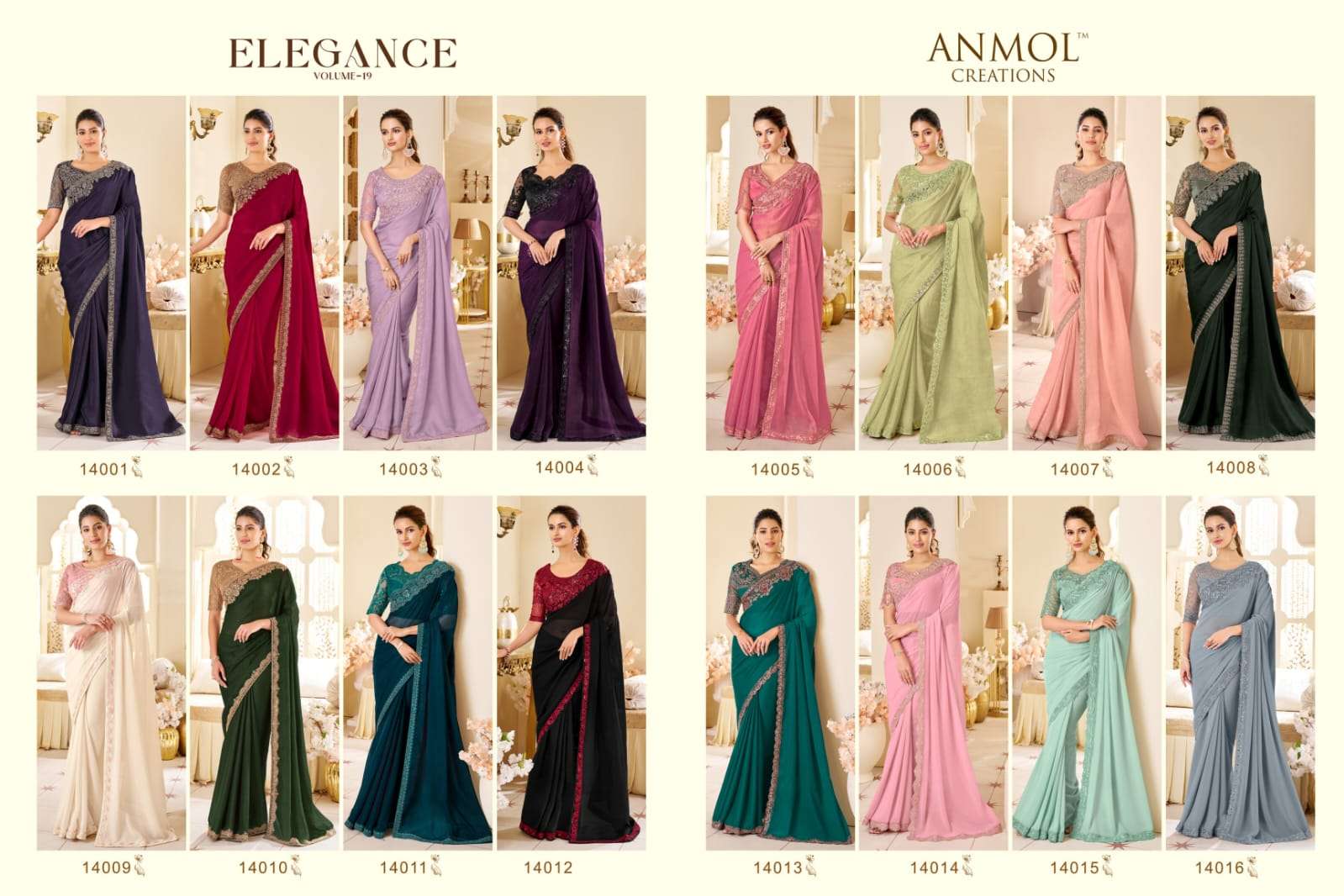 ANMOL PRESENTS ELEGANCE VOL-19 FANCY DESIGNER PARTY WEAR SAREES CATALOG WHOLESALER AND EXPORTER 