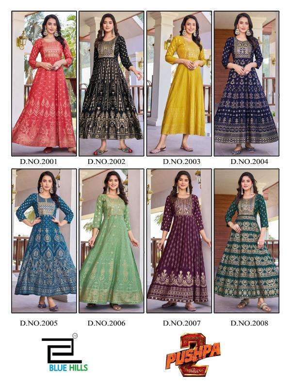 BLUE HILLS PRESENTS PUSHPA VOL-2 EMBROIDERY FULLSTITCH PLUS SIZE RAYON ANARKALI GOWN KURTIS CATALOG WHOLESALER AND EXPORTER 