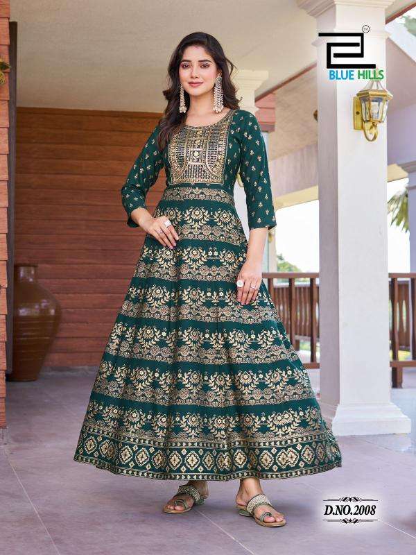 BLUE HILLS PRESENTS PUSHPA VOL-2 EMBROIDERY FULLSTITCH PLUS SIZE RAYON ANARKALI GOWN KURTIS CATALOG WHOLESALER AND EXPORTER 