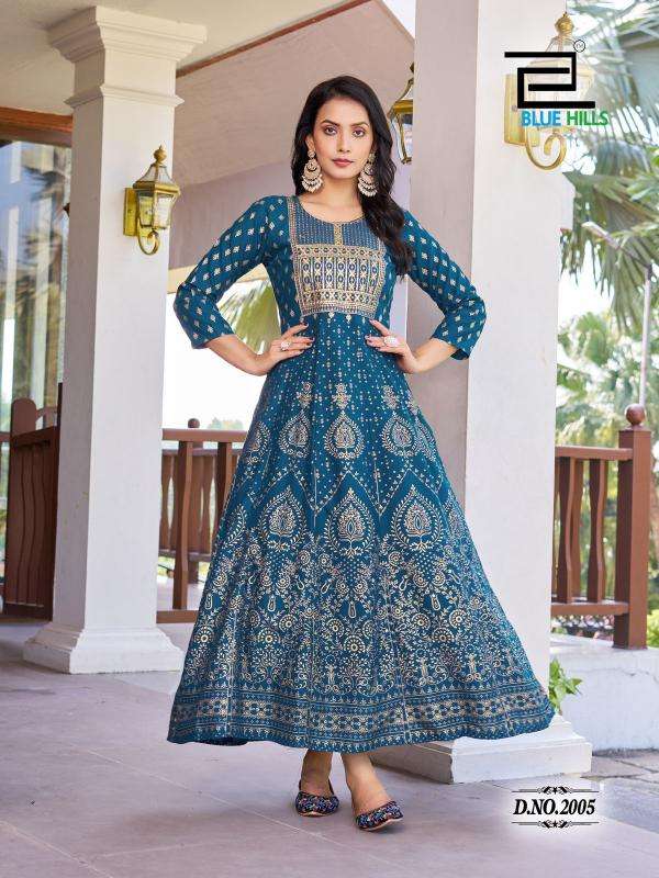 BLUE HILLS PRESENTS PUSHPA VOL-2 EMBROIDERY FULLSTITCH PLUS SIZE RAYON ANARKALI GOWN KURTIS CATALOG WHOLESALER AND EXPORTER 