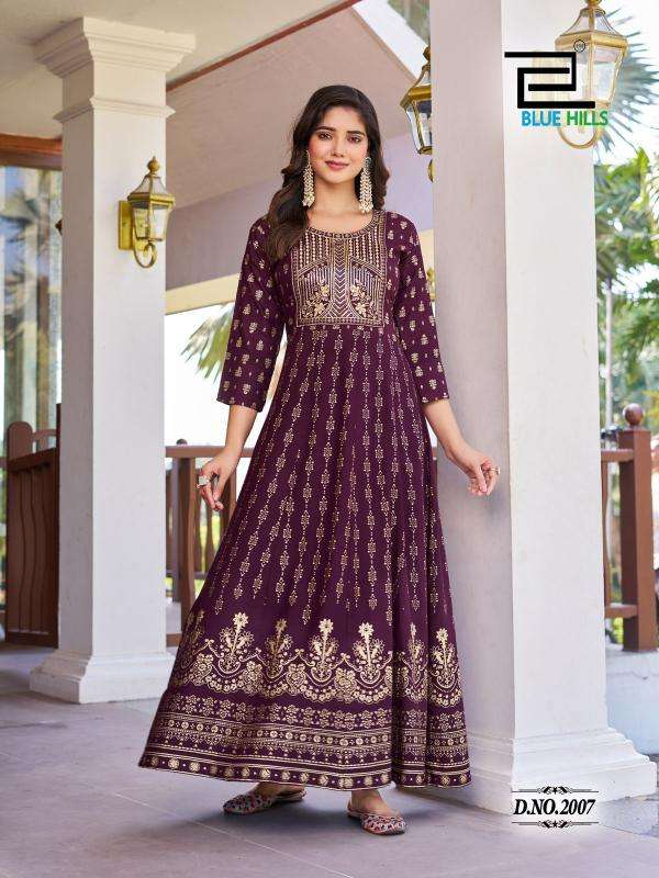 BLUE HILLS PRESENTS PUSHPA VOL-2 EMBROIDERY FULLSTITCH PLUS SIZE RAYON ANARKALI GOWN KURTIS CATALOG WHOLESALER AND EXPORTER 