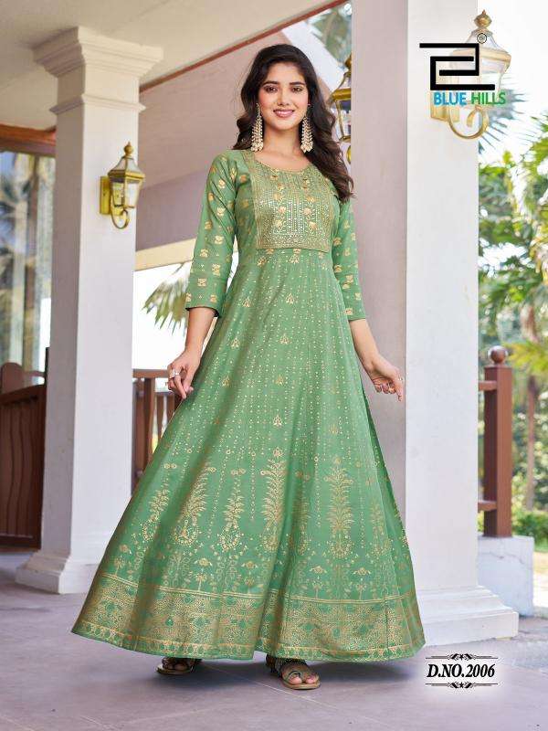 BLUE HILLS PRESENTS PUSHPA VOL-2 EMBROIDERY FULLSTITCH PLUS SIZE RAYON ANARKALI GOWN KURTIS CATALOG WHOLESALER AND EXPORTER 