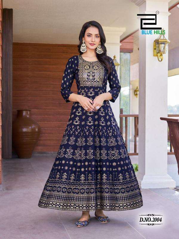 BLUE HILLS PRESENTS PUSHPA VOL-2 EMBROIDERY FULLSTITCH PLUS SIZE RAYON ANARKALI GOWN KURTIS CATALOG WHOLESALER AND EXPORTER 