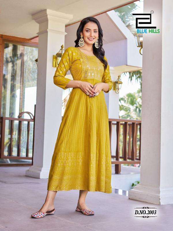 BLUE HILLS PRESENTS PUSHPA VOL-2 EMBROIDERY FULLSTITCH PLUS SIZE RAYON ANARKALI GOWN KURTIS CATALOG WHOLESALER AND EXPORTER 