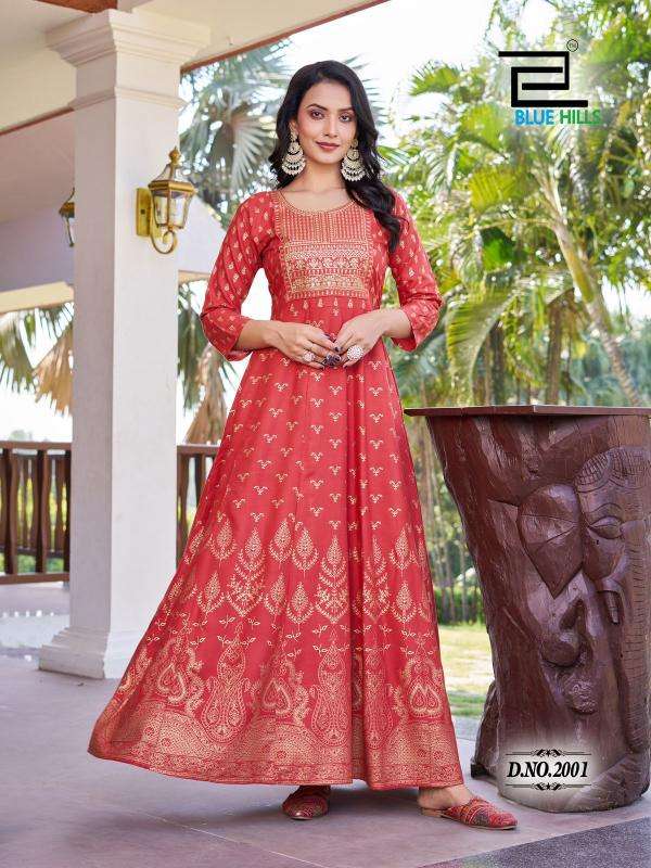 BLUE HILLS PRESENTS PUSHPA VOL-2 EMBROIDERY FULLSTITCH PLUS SIZE RAYON ANARKALI GOWN KURTIS CATALOG WHOLESALER AND EXPORTER 