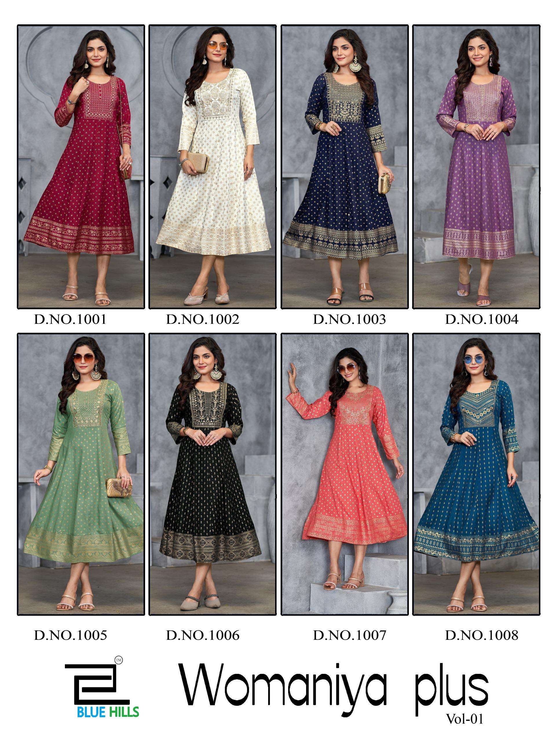 BLUE HILLS PRESENTS WOMANIYA PLUS VOL-1 RAYON PRINTED KURTI  CATALOG WHOLESALER AND EXPORTER IN SURAT