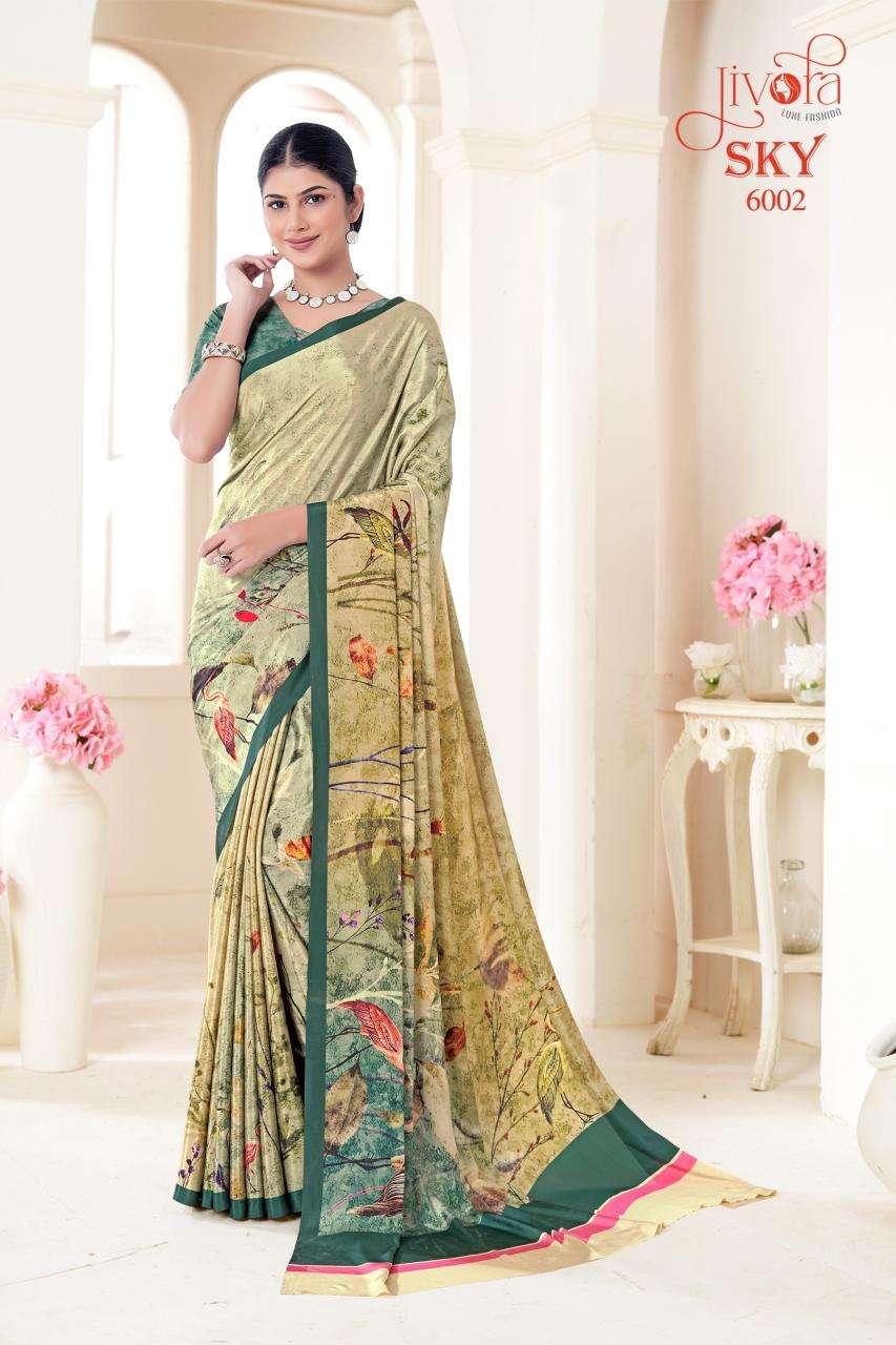 JIVORA PESENTS SKY 6001-6020 SERIES SOFT CRAPE FLOWER PRINTED UNIFORM SAREES CATALOG WHOLESALER AND EXPORTER 