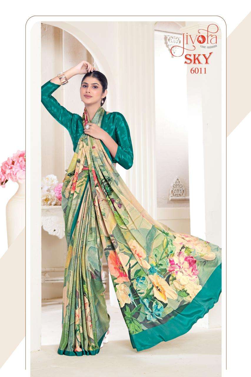 JIVORA PESENTS SKY 6001-6020 SERIES SOFT CRAPE FLOWER PRINTED UNIFORM SAREES CATALOG WHOLESALER AND EXPORTER 