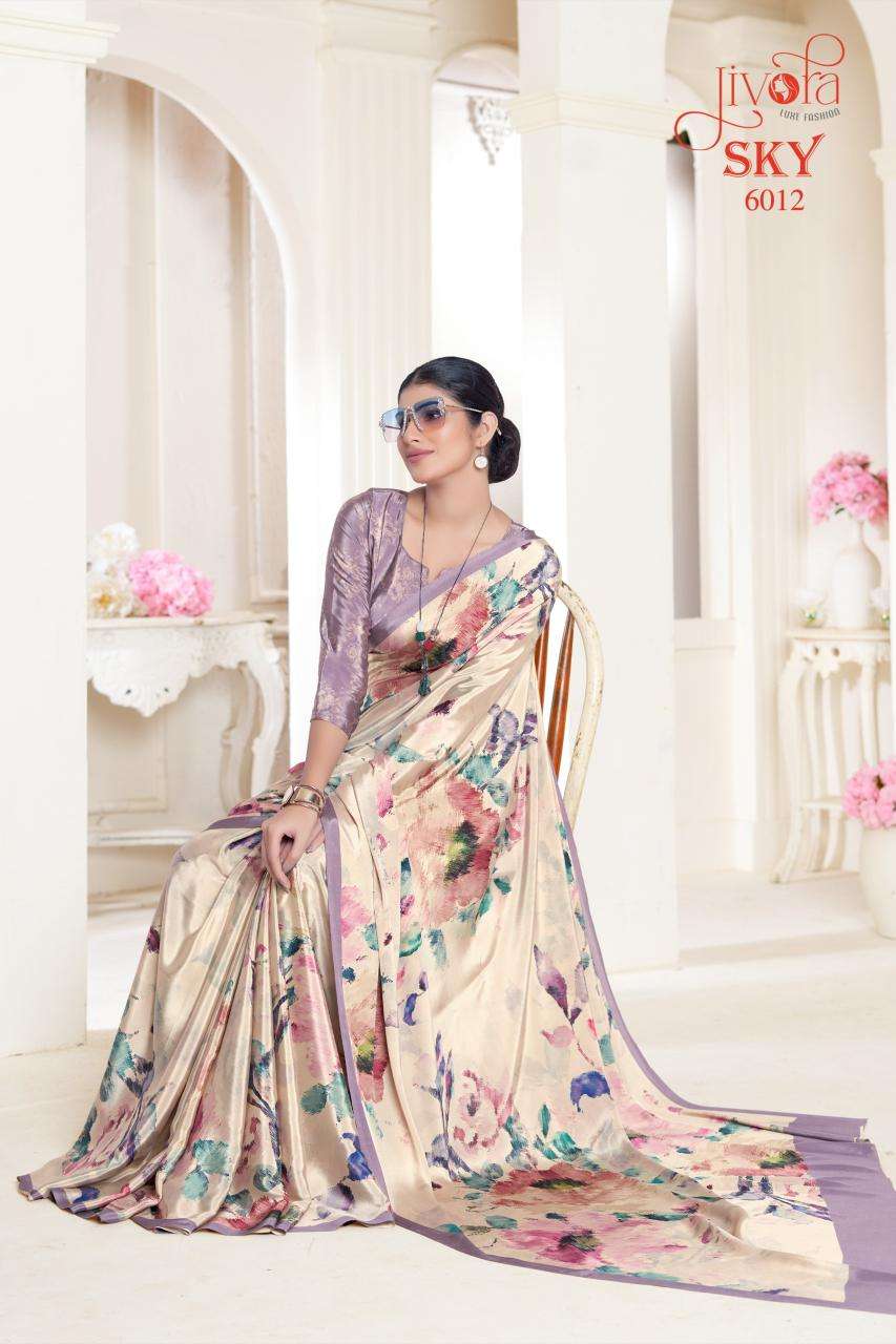 JIVORA PESENTS SKY 6001-6020 SERIES SOFT CRAPE FLOWER PRINTED UNIFORM SAREES CATALOG WHOLESALER AND EXPORTER 
