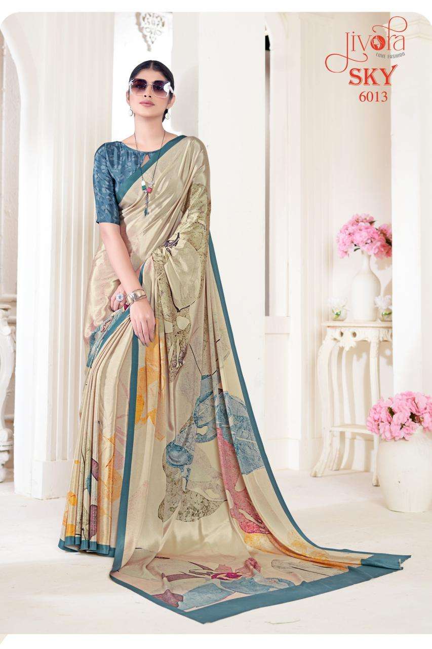 JIVORA PESENTS SKY 6001-6020 SERIES SOFT CRAPE FLOWER PRINTED UNIFORM SAREES CATALOG WHOLESALER AND EXPORTER 