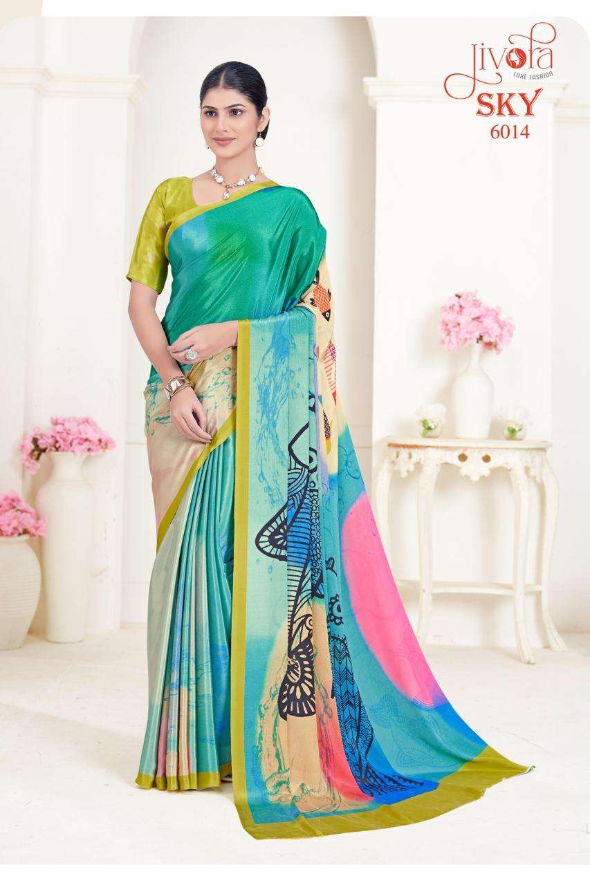 JIVORA PESENTS SKY 6001-6020 SERIES SOFT CRAPE FLOWER PRINTED UNIFORM SAREES CATALOG WHOLESALER AND EXPORTER 