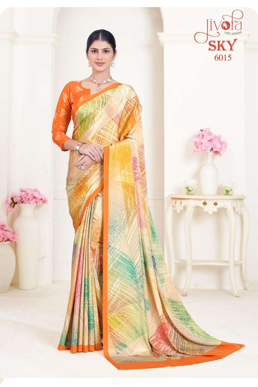 JIVORA PESENTS SKY 6001-6020 SERIES SOFT CRAPE FLOWER PRINTED UNIFORM SAREES CATALOG WHOLESALER AND EXPORTER 