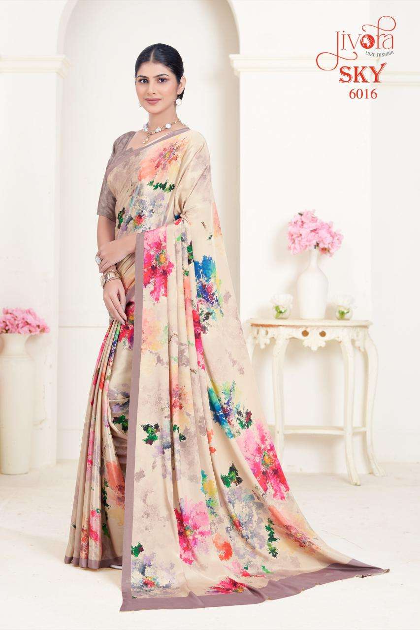 JIVORA PESENTS SKY 6001-6020 SERIES SOFT CRAPE FLOWER PRINTED UNIFORM SAREES CATALOG WHOLESALER AND EXPORTER 