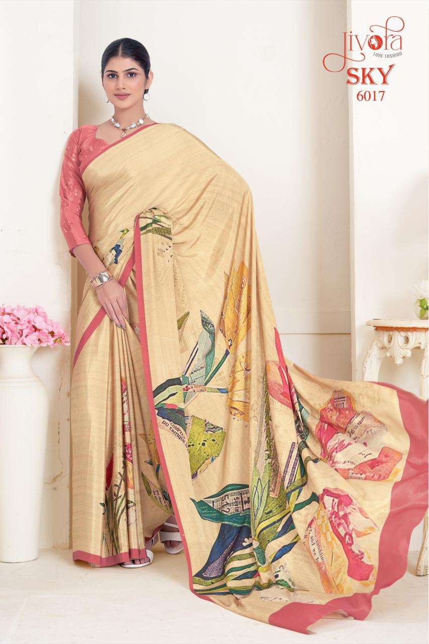 JIVORA PESENTS SKY 6001-6020 SERIES SOFT CRAPE FLOWER PRINTED UNIFORM SAREES CATALOG WHOLESALER AND EXPORTER 