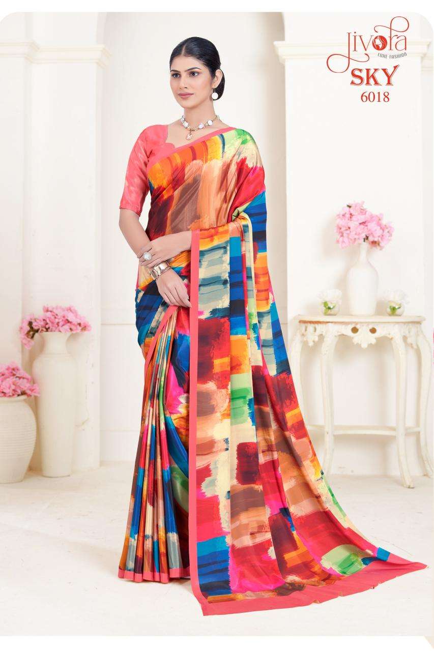 JIVORA PESENTS SKY 6001-6020 SERIES SOFT CRAPE FLOWER PRINTED UNIFORM SAREES CATALOG WHOLESALER AND EXPORTER 
