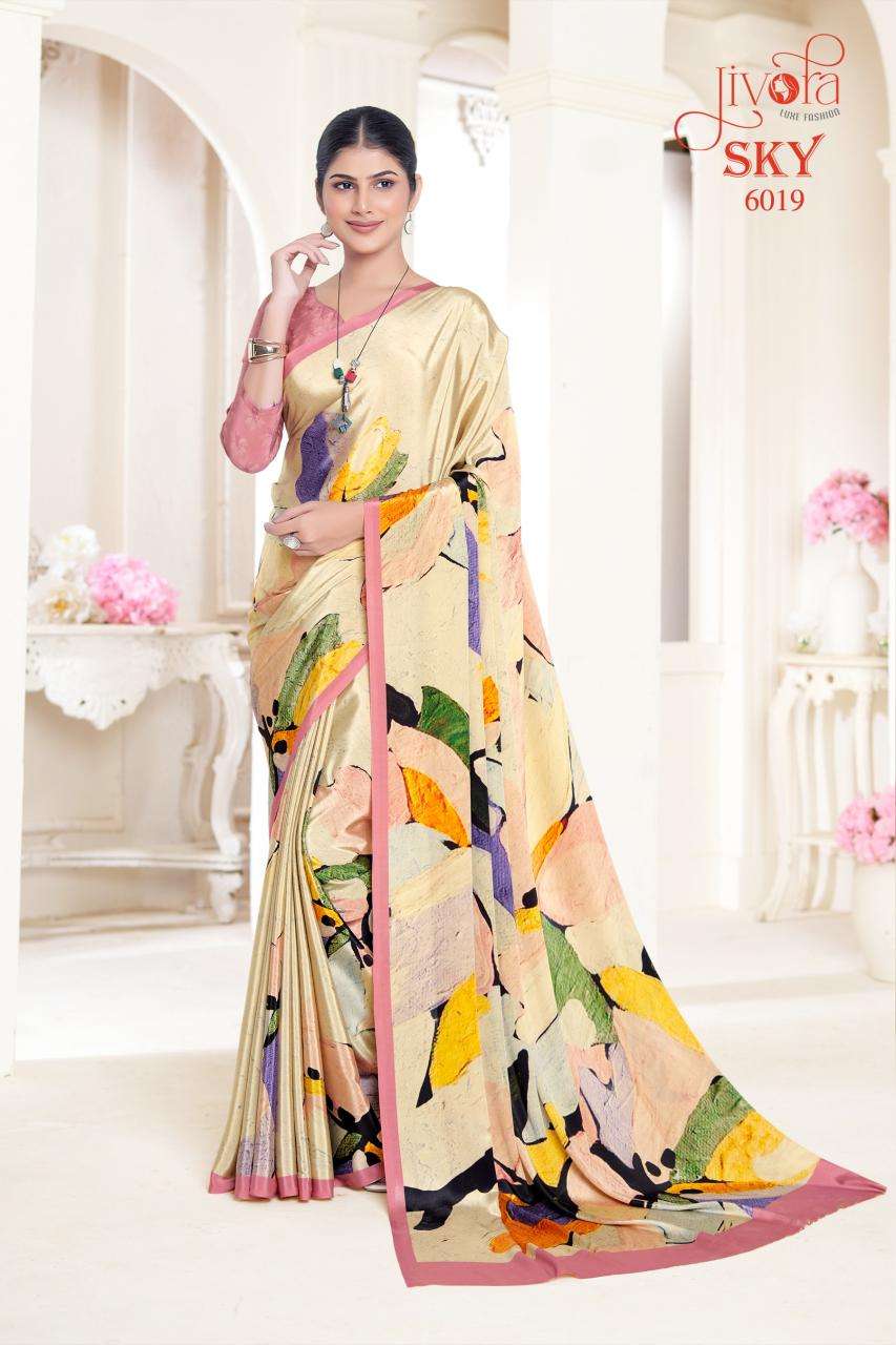 JIVORA PESENTS SKY 6001-6020 SERIES SOFT CRAPE FLOWER PRINTED UNIFORM SAREES CATALOG WHOLESALER AND EXPORTER 