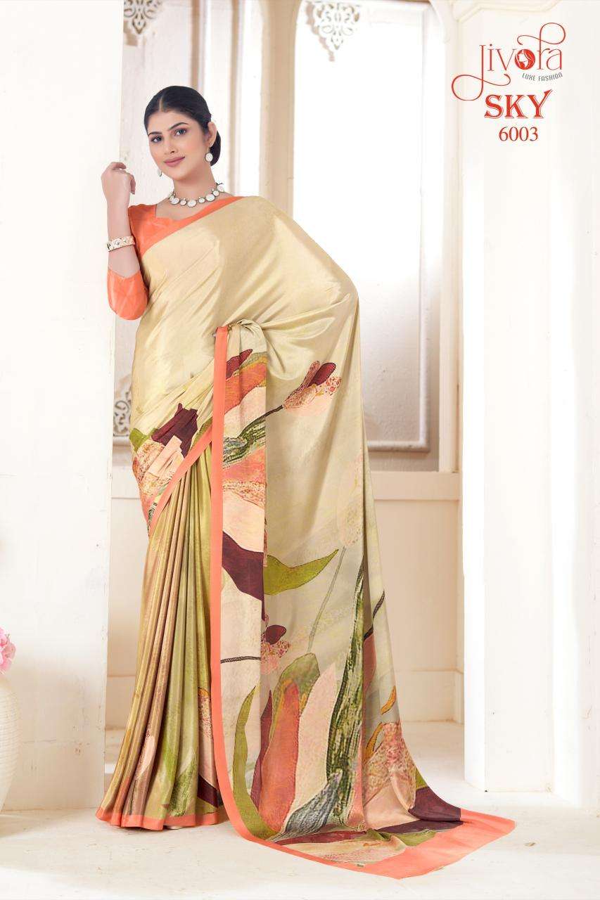 JIVORA PESENTS SKY 6001-6020 SERIES SOFT CRAPE FLOWER PRINTED UNIFORM SAREES CATALOG WHOLESALER AND EXPORTER 
