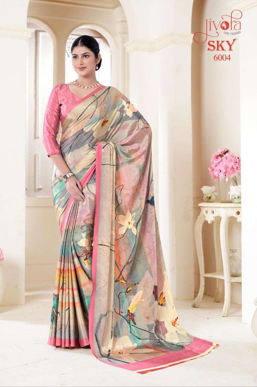 JIVORA PESENTS SKY 6001-6020 SERIES SOFT CRAPE FLOWER PRINTED UNIFORM SAREES CATALOG WHOLESALER AND EXPORTER 