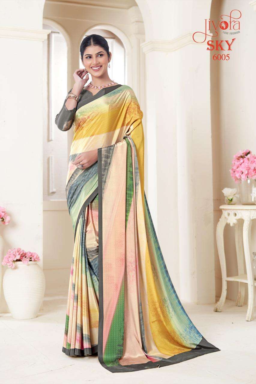 JIVORA PESENTS SKY 6001-6020 SERIES SOFT CRAPE FLOWER PRINTED UNIFORM SAREES CATALOG WHOLESALER AND EXPORTER 