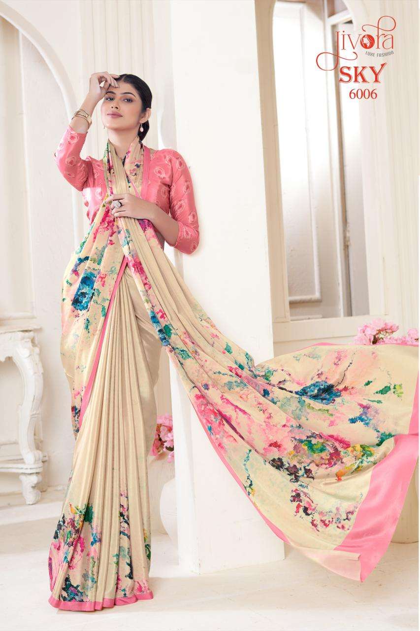 JIVORA PESENTS SKY 6001-6020 SERIES SOFT CRAPE FLOWER PRINTED UNIFORM SAREES CATALOG WHOLESALER AND EXPORTER 