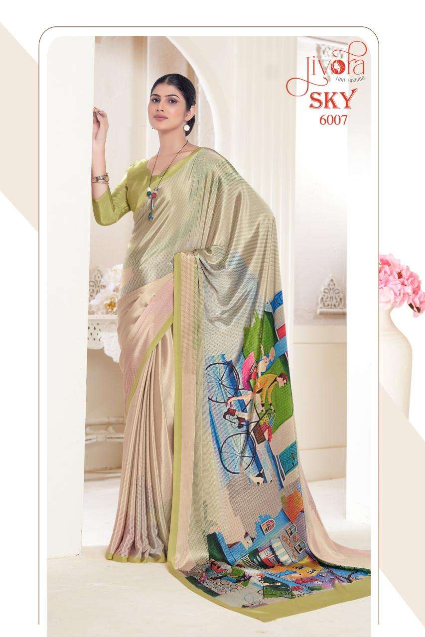 JIVORA PESENTS SKY 6001-6020 SERIES SOFT CRAPE FLOWER PRINTED UNIFORM SAREES CATALOG WHOLESALER AND EXPORTER 