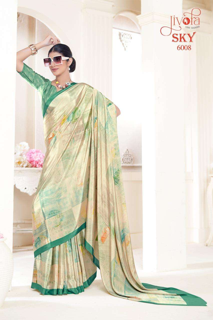 JIVORA PESENTS SKY 6001-6020 SERIES SOFT CRAPE FLOWER PRINTED UNIFORM SAREES CATALOG WHOLESALER AND EXPORTER 