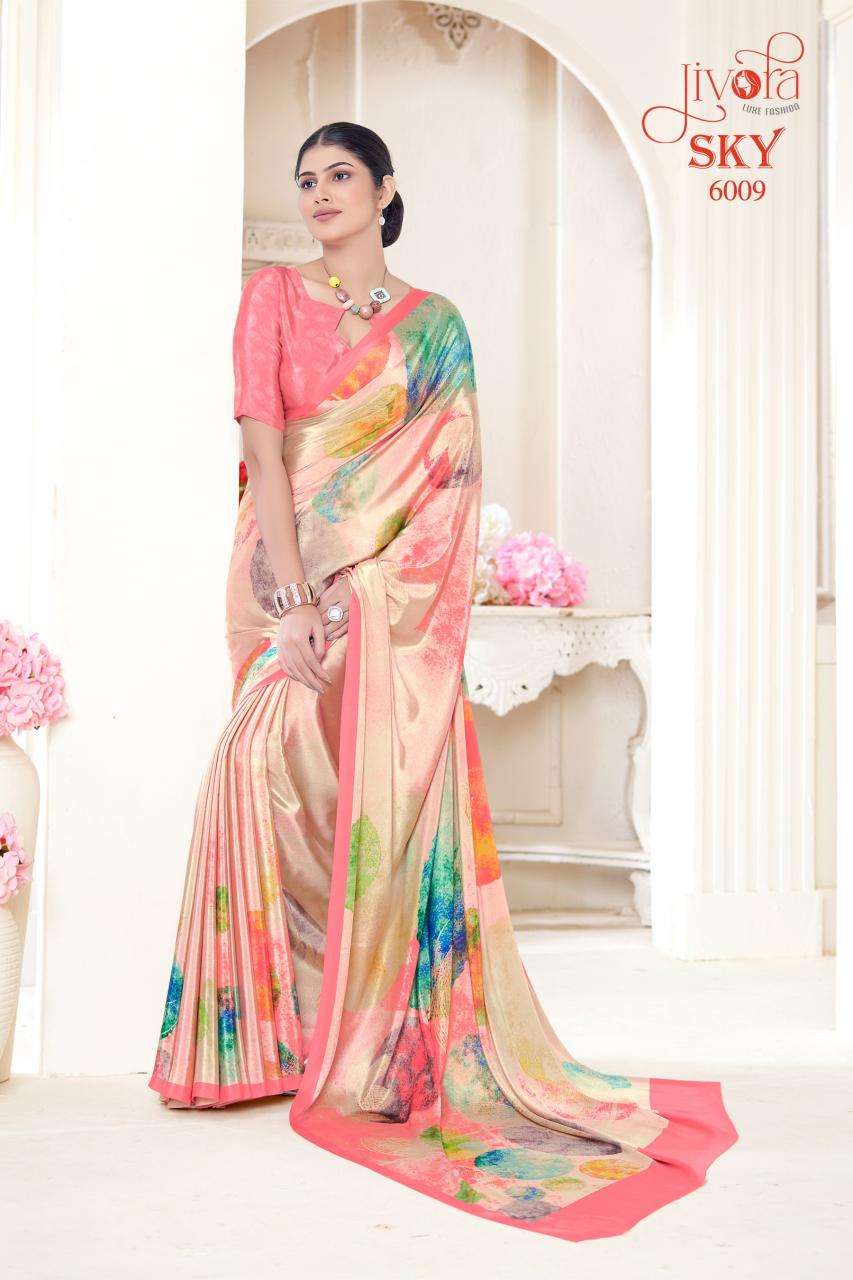 JIVORA PESENTS SKY 6001-6020 SERIES SOFT CRAPE FLOWER PRINTED UNIFORM SAREES CATALOG WHOLESALER AND EXPORTER 