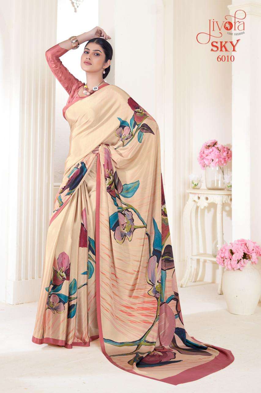 JIVORA PESENTS SKY 6001-6020 SERIES SOFT CRAPE FLOWER PRINTED UNIFORM SAREES CATALOG WHOLESALER AND EXPORTER 