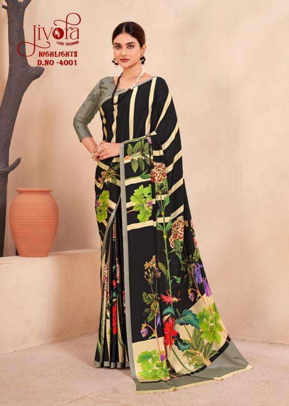 JIVORA PRESENTS HIGHLIGHT LUKE FASHION DIGITAL PRINT CRAPE SILK UNIQUE SAREES CATALOG WHOLESALER AND EXPORTER 