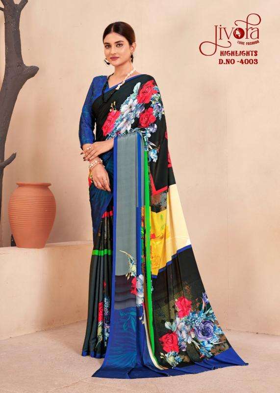 JIVORA PRESENTS HIGHLIGHT LUKE FASHION DIGITAL PRINT CRAPE SILK UNIQUE SAREES CATALOG WHOLESALER AND EXPORTER 