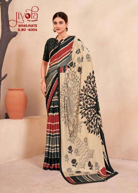JIVORA PRESENTS HIGHLIGHT LUKE FASHION DIGITAL PRINT CRAPE SILK UNIQUE SAREES CATALOG WHOLESALER AND EXPORTER 