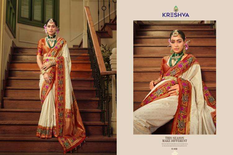 KRESHVA PRESENTS AMAYA BANARASI SILK PARTY WEAR SAREE WITH BLOUSE CATALOG WHOLESALER AND EXPORTER 